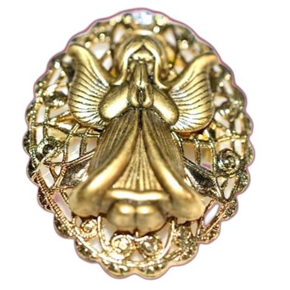 Rare Vintage Praying Angle Filigree Gold Tone Single Rhinestone Religous Brooch